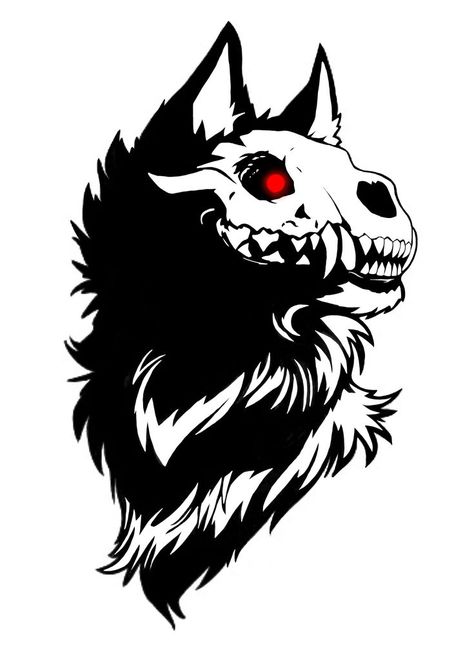 Scary Wolf Tattoo Design, Wolf With Skull Tattoo, Hellhound Drawing Reference, Hellhound Tattoo Design, Dire Wolf Skull, Wolf With Skull Face, Raven Easy Drawing, Canine Skull Tattoo, Skull Wolf Art