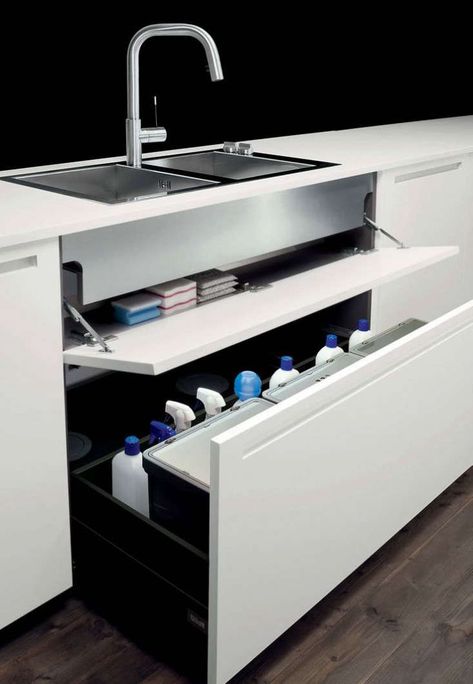 Kitchen Spice Storage, Glossy Kitchen, Organiser Cucina, Clever Kitchen Storage, Desain Pantry, Kitchen Sink Storage, Hidden Kitchen, Under Sink Storage, High End Kitchens