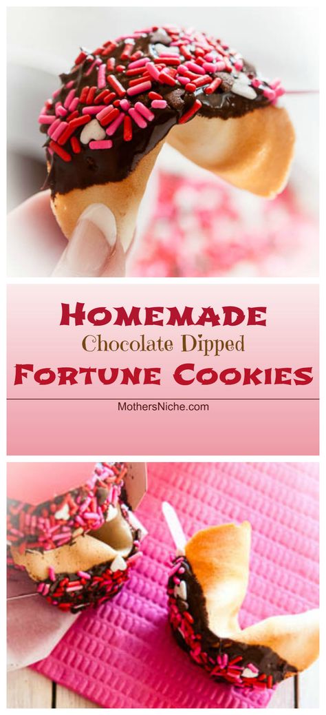 How to make Homemade Fortune Cookies (be sure to check whether almond extract is safe for you to use, sometimes they're made from bitter almond which is not an almond!) Homemade Fortune Cookies, Cookies Dipped In Chocolate, Fortune Cookies Recipe, Chocolate Dipped Cookies, Dipped In Chocolate, Fortune Cookies, Valentines Day Cookies, Valentines Day Treats, Edible Gifts