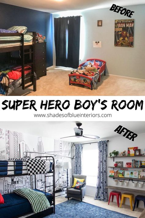 Superhero Shared Bedroom, Bunk Bed Superhero Room, Superhero Bedroom Bunk Beds, Boys Rooms With Bunk Beds, Lego Superhero Bedroom, Boys Super Hero Bedroom Ideas, Kindergarten Boy Bedroom Ideas, Superhero Bunk Bed, Boys Room With Bunk Beds Ideas