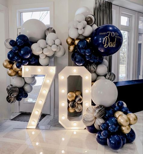 Balloon Decoration For 70th Birthday, 70th Birthday Balloons For Men, Mens Birthday Balloon Ideas, Males Birthday Decorations, Man Bday Decor, Balloon Decor For Men Birthday, Birthday Color Schemes For Men, 60 Birthday Decorations For Men, Balloon Garland For 50th Birthday