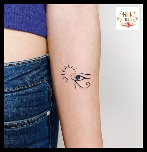 #horuseyetattoo #suntattoo #horuseye #egypttattoo #egyptiangod #egyptiantattoo #ancienttattoo Egyption Eyes Tattoo, Small Egyptian Tattoo For Women, Egyptian Sun Tattoo, Egypt Eye Tattoo, Eye Sun Tattoo, Wendy Tattoo, Horus Eye Tattoo, Uncommon Tattoos, Egyptian Tattoo For Women