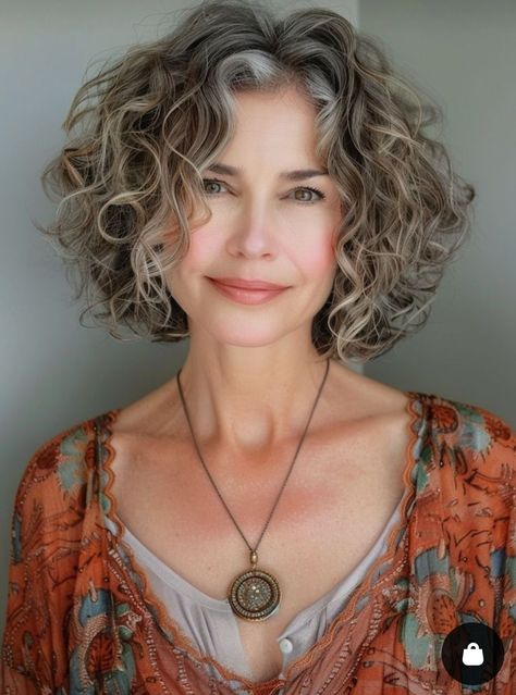 Curly Hair Back View, Curly Grey Hair Natural Curls, Pintura Highlights Curly, Layered Curly Bob, Curly Bobs For Older Women, Paprika Hair Color, Short Layered Curly Hair, Grey Hair And Makeup, Short Curly Hairstyles For Women