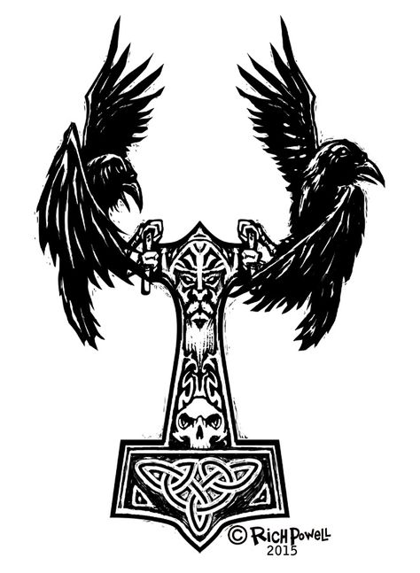 Norse Raven Tattoo, Thor Hammer Tattoo, Mjolnir Tattoo, Norse Raven, Hammer Tattoo, Rabe Tattoo, Pattern Tattoos, Arte Viking, Viking Tattoo Symbol