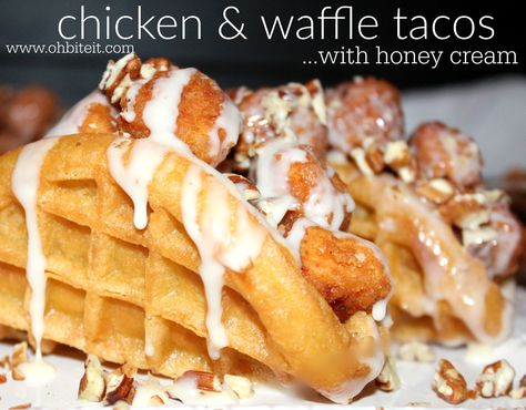 ~Chicken & Waffle Tacos.. with honey cream! | Oh Bite It Waffle Tacos, Taco Ideas, Breakfast Shop, Waffle Taco, Waffle Cone Recipe, Waffle Iron Recipes, Fried Chicken And Waffles, Honey Cream, Waffle Maker Recipes