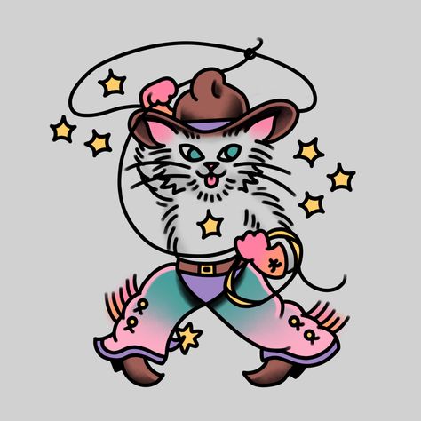 Traditional cowboy cat tattoo cute pastel Funny Traditional Tattoos, Cowboy Cat Tattoo, See Tattoo, Cowboy Tattoos, Traditional Tattoo Inspiration, Oregon House, Tattoo Me, Petit Tattoo, Traditional Tattoo Sleeve