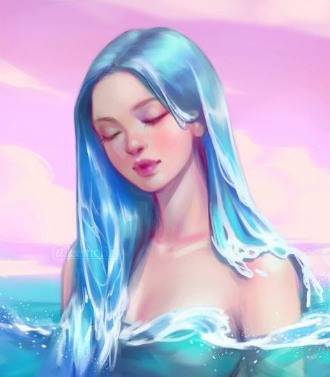 ArtStation - Water hair Hair Made Of Water Drawing, Water Hair Illustration, Water Sprite Art, Water People Art, Ocean Hair Drawing, Water Hair Character, Water Woman Art, Water Element Drawing, Girl Underwater Drawing