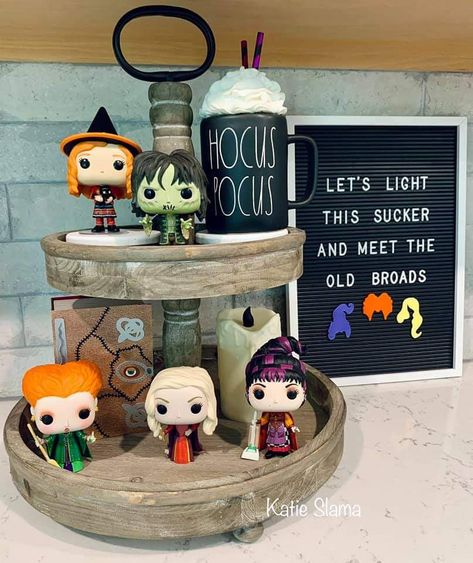 Aqua Halloween Decor, Hocus Pocus Tiered Tray Decor, Hocus Pocus Bedroom, Hocus Pocus Snack Ideas, Hocus Pocus Tiered Tray, Hocus Pocus Decorations, Halloween Bunco, Halloween Tray, Disney Halloween Decorations