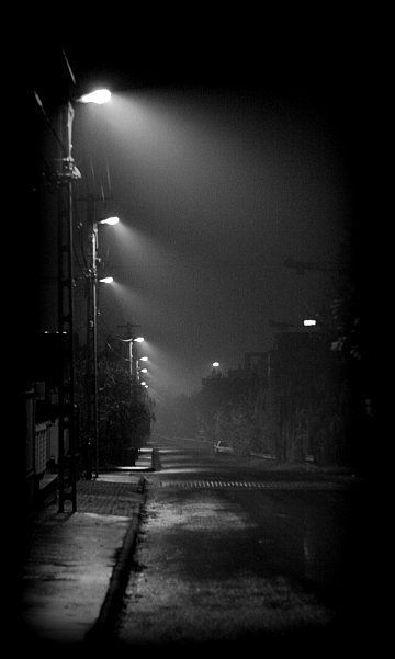 "Non ci sono più strade da perseguire. Quello che vedo è solo la mutilazione di una società grigia e vuota, dall'atmosfera opprimente, dove i rottami degli uomini dominano la scena". Street At Night, White Photos, Black White Photography, White Photo, Night Photography, In The Rain, Black Aesthetic, Black And White Photography, Night In