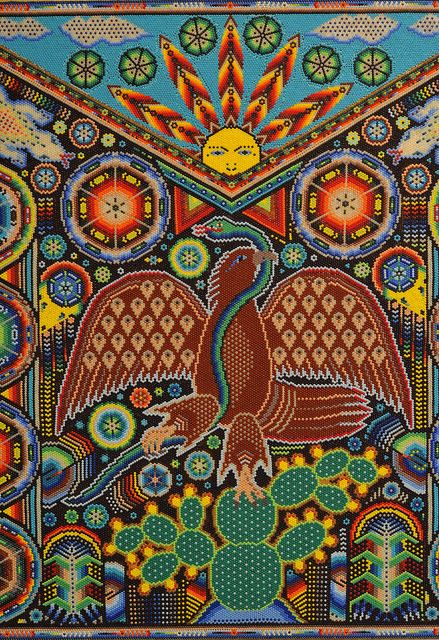 Huichol bead art: Mexica eagle holding a snake in its beak and perched on a nopal cactus. From a work exhibited at the Museo de Culturas Populares in Coyoacan, Mexico City Mexican Eagle, Yarn Painting, Travel Mexico, Huichol Art, Mexico Art, Mexican Culture, Visionary Art, Indigenous Art, Arte Popular