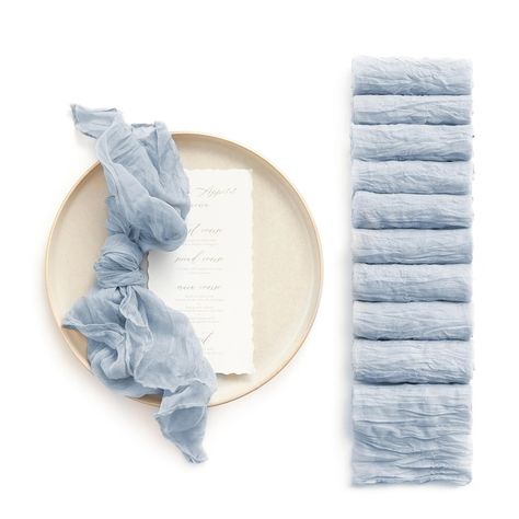 PRICES MAY VARY. PACKAGE: 10 pieces of 20inch gauze semi sheer napkins. ULTRA-SOFT: Made of silky soft cheesecloth, 10% Viscose, 90% Polyester & natural hand-dyed. Impress your guests with a comfy dining experience. RUSTIC-ELEGANT: Beautiful texture & nice even hems all around with a natural rustic touch to your table. Easy to create a real cozy atmosphere with the exquisite table setting. EASY CARE: Machine wash in a laundry bag on delicate cycle only or by hand. MULTI USAGE: An ideal décor cho Thrifted Wedding Table Decor, Beachy Reception, Napkin Place Setting Wedding, Terracotta And Dusty Blue Wedding, Dusty Blue Wedding Theme Table Settings, Napkins For Wedding Reception, Blue Boho Wedding, Cheesecloth Napkins, Dusty Blue And Navy