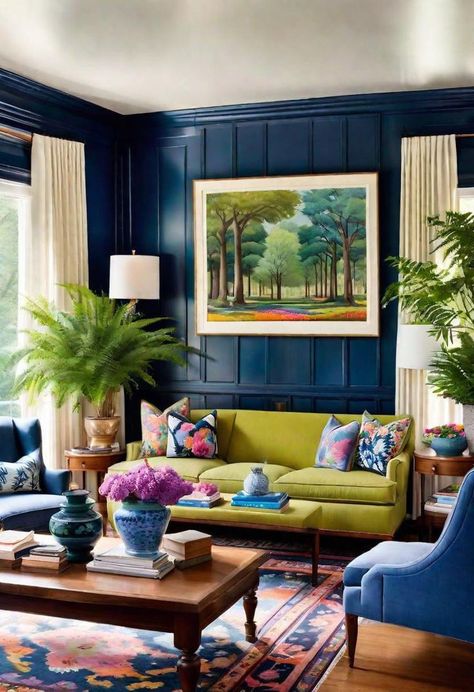 Color Palette House, Palette House, Green Living Rooms, Living Room Navy, Curtains Green, Maximalist Living Room, Navy Walls, Feel Happier, Living Room