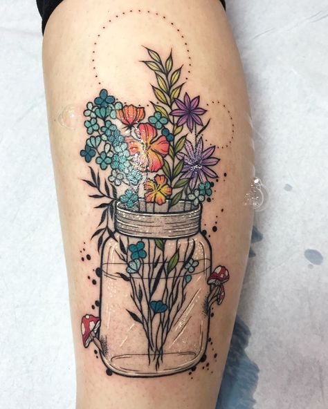 Sunflower In Mason Jar Tattoo, Mason Jar With Birth Flower Tattoo, Mason Jar With Flowers Tattoo, Flowers In Mason Jar Tattoo, Flower In A Jar Tattoo, Jar Of Flowers Tattoo, Mason Jar Tattoo Flowers, Mason Jar Flower Tattoo, Flowers In A Vase Tattoo