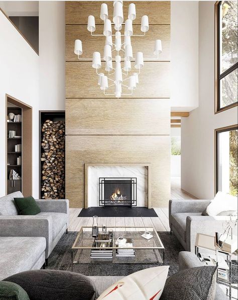 Double Height Living Room Fireplace, Modern Great Room Fireplace, Double Height Fireplace Wall, Two Storey Fireplace, Double Height Fireplace, Tall Ceiling Fireplace, Tall Fireplace Wall, Two Story Fireplace Ideas, Modern Industrial Glam