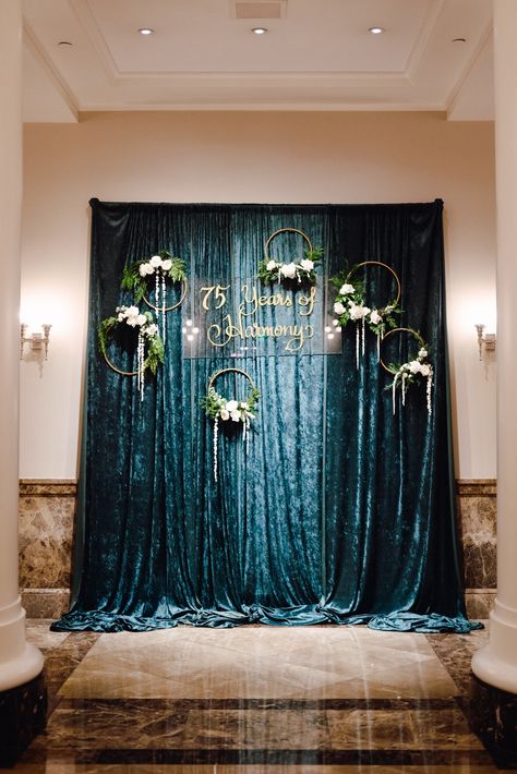 Emerald And Gold Backdrop, Tulle Ceiling, Draping Backdrop, Emerald Backdrop, Curtain Backdrop Wedding, Emerald Wedding Colors, Velvet Backdrop, Teal Curtains, Table Backdrop