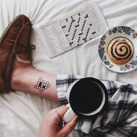 Crossword Tattoo Ideas, Crossword Puzzle Tattoo, Scrabble Tattoo, Crossword Tattoo, Newspaper Tattoo, Tattoos Life, Puzzle Tattoos, Tattoo Concepts, Coffee Tattoos