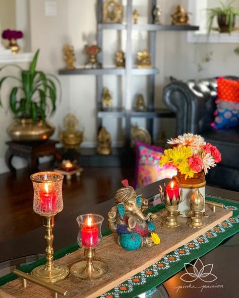 Diwali Center Table Decor, Dining Table Tray, Buddha Statue Decor, Table Tray Decor, Backdrop Wallpaper, Center Table Decor, Table Presentation, Brass Decoration, Indian Room Decor