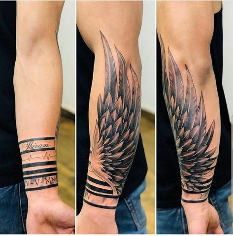 Angel Wings Wrist Tattoo For Women, Forearm Wing Tattoo Men, Wing Forearm Tattoo For Men, Wing Tattoo Men Arm, Wings Forearm Tattoo, Wing Sleeve Tattoo, Creative Tattoos For Men Inspiration, Angel Wings Tattoo Forearm, Forearm Wing Tattoo