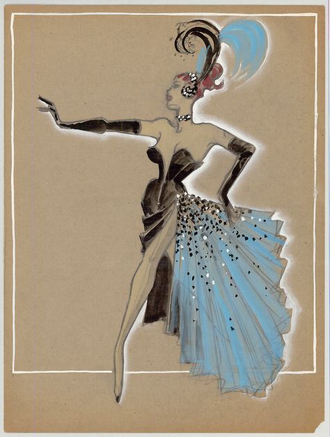 Costume design drawing, black gown with light blue train, circa 1950s Oud Hollywood, Costume Design Sketch, Showgirl Costume, Burlesque Costumes, Blue Train, Drawing Black, Guys And Dolls, Fashion Art Illustration, Black Gown