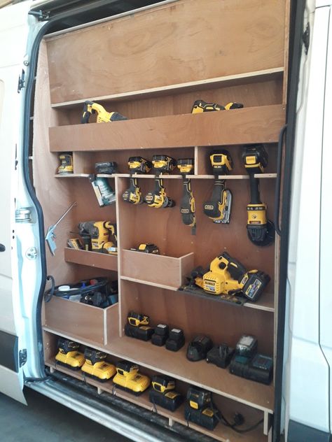 Van Tool Storage Ideas, Work Van Storage Ideas, Van Storage Ideas Tools, Work Van Organization Ideas, Van Racking Ideas Carpenter, Cargo Van Tool Storage Ideas, Van Drawers For Tools, Van Racking Dewalt, Sprinter Van Tool Storage Ideas