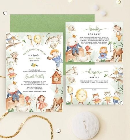 Nursery Rhyme Themed Baby Shower Ideas – Lullaby Music – Baby Shower Ideas 4U Book Baby Shower Invitation, Nursery Rhyme Characters, Baby Boy Shower Party, Invitation Baby Shower, Mother Goose, Children's Picture Books, Nursery Rhyme, Baby Shower Invitations For Boys, Diaper Raffle