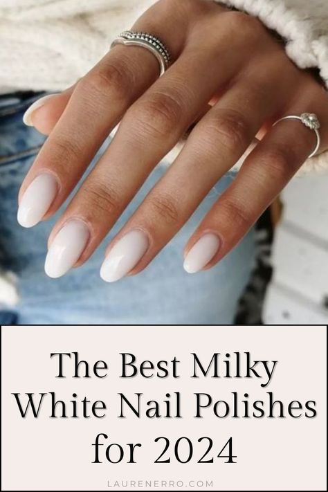 Milky white is a fun twist on your typical white manicure. It isn’t quite opaque, but it isn’t sheer either- it’s a mixture of the two and leaves you with a beautiful natural-looking nail that goes with everything and works on any skin tone. If you’re looking for the best white polish with flawless coverage this post has lots of options for you! Opaque Nails White, Milky White Nails Sns, Pearl White Gel Nail Polish, Simple Soft Nails, Opi Off White Polish, Milk White Nail Polish, Milky White Nail Color Dnd, French Tip With Milky Base, Dip Milky Nails