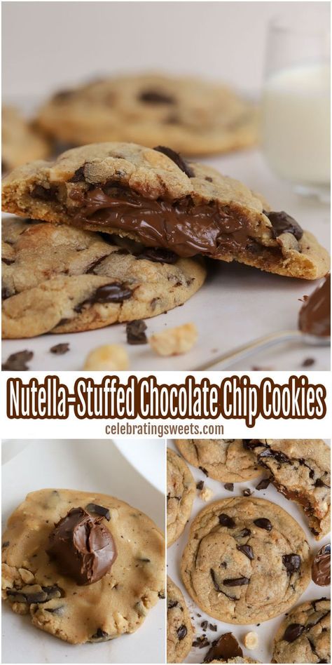 Fudge Filled Chocolate Chip Cookies, Nutella Stuffed Chocolate Chip Cookies, Nuttela Cookies, Nutella Filled Cookies, Nutella Stuffed Cookies, Nutella Cookies Recipe, Nutella Chocolate Chip Cookies, Nutella Filling, Celebrating Sweets