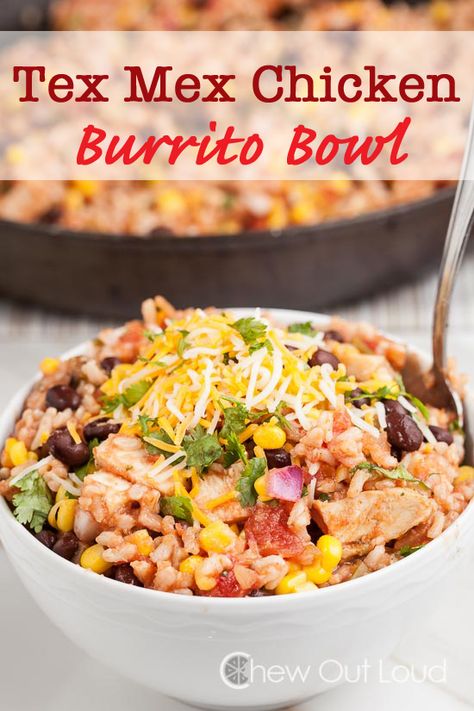 This Tex Mex Chicken Burrito Bowl is healthy, delicious, and easy. Brown rice improves the health factor without sacrificing any flavor. It's everything you love about a chicken burrito, in a bowl. Tex Mex Chicken, Burrito Bowls Recipe, Chicken Chopped Salad, Chicken Burrito, Chicken Burrito Bowl, Burrito Bowls, Chicken Burritos, Enchilada Casserole, Tex Mex Recipes