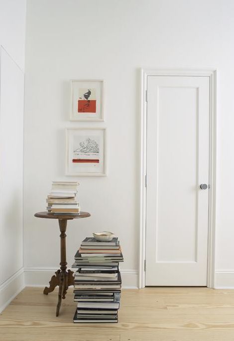 Farrow & Ball No 2005 All White -kitchen with carerra marble, absolute white granite, soapstone Farrow And Ball All White, Door Handle Design, Farrow And Ball, White Paint Colors, Greenwich Village, Stack Of Books, Interior Door, Farrow Ball, All White