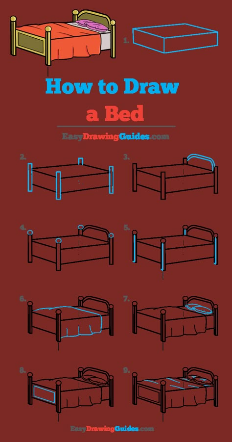 Step By Step Furniture Drawing, 3d Bed Drawing, How To Draw A Bed Step By Step, Bed Drawing Side View, How To Draw Bedroom, Bed Perspective Drawing, Bed Art Drawing, How To Draw Furniture, Bed Drawing Sketches