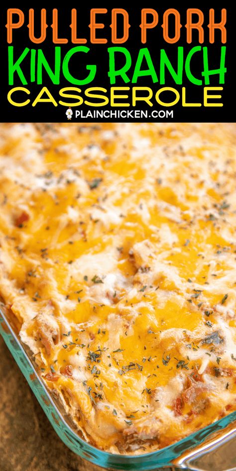 Pulled Pork King Ranch Casserole - a delicious twist on a classic Tex-Mex dish! This isn't fancy. It is just REALLY good!!! Pulled pork, cream of chicken soup, cream of mushroom soup, Cheez Whiz, Rotel tomatoes, hot sauce, Worcestershire sauce, tortilla chips, and shredded cheese. Can make in advance and refrigerate or freeze for later. Great for a potluck and tailgating! I never have any leftovers! #casserole #kingranch #texmex #freezermeal #pulledpork Pork Casserole Recipes, Leftover Pork Recipes, Shredded Pork Recipes, Leftover Pork Roast, King Ranch Casserole, Pulled Pork Leftover Recipes, Cheez Whiz, Pork Casserole, Ranch Casserole