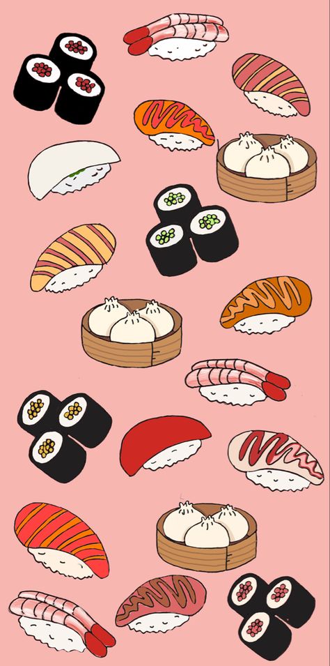 Sushi Wallpaper Iphone, Sushi Drawing Aesthetic, Cute Sushi Wallpaper, Sushi Drawings, Sushi Aesthetic Wallpaper, Sushi Background, Cartoon Sushi, Sushi Aesthetic Art, Sushi Wallpaper Aesthetic