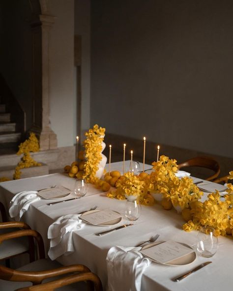 and it was all yellow / an intimate elopement in Lisbon xoxo photographer @kristinpiteophoto florals @ohmariaflores hmua @mubybalu… | Instagram Yellow Flower Decor, Elopement Dinner Table, Yellow Wedding Florals, Unique Wedding Florals, Yellow Wedding Palette, Round Table Decor Wedding, Unique Tablescapes, Yellow Table Setting, Yellow Tablescape