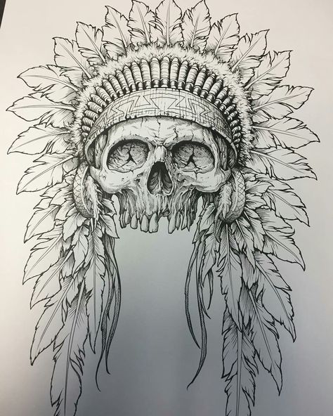 Native Skull Tattoo Design, Native American Skeleton Tattoo, Native American Chief Drawing, Mikmaq Tattoo, Indian Back Tattoo, Indian Skull Drawing, Skull And Headdress Tattoo, Indian Headdress Drawing, Native Skull Tattoo