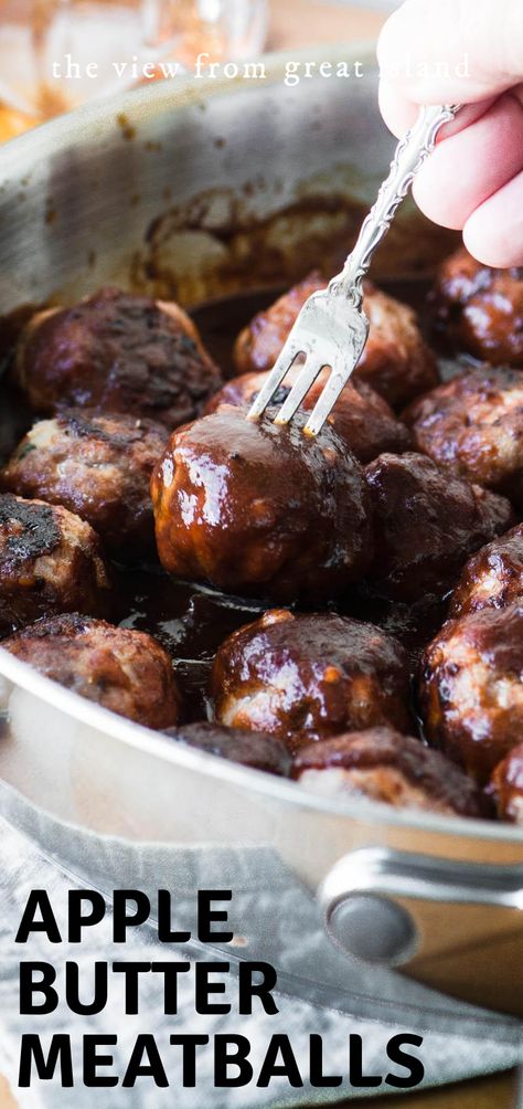 Recipes Using Apple Butter, Appetizers Meatballs, Appetizer Dinner, Recipe Using Apples, Brandy Sauce, Island Recipes, Cocktail Meatballs, Meat Appetizers, Easy Beef