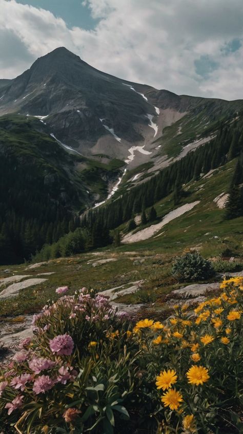 "Nature's Masterpiece: Majestic Mountains and Vibrant Flower Meadows 🌄🌸 Vintage Mountain Aesthetic, Mountain Mood Board, Mount Aesthetic, Nature Mood Board, Nature Moodboard, Spring Mountains, Flower Meadows, Aesthetic Mountains, Nature Reference