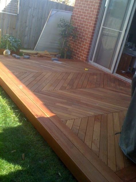 Herringbone Decking, Wood Deck Designs, Deck Patterns, Deck Building Plans, Floating Deck, Patio Deck Designs, Wooden Deck, Back Garden Design, Deck With Pergola