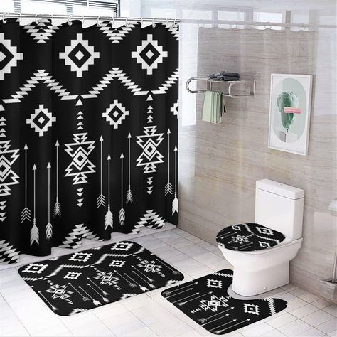 PRICES MAY VARY. Polyester 【4PCS SET INCLUDES】One Shower Curtain + One Bath Mat + One Contour Rug + One Toilet Lid Cover. Size: Shower Curtain-72"W x 72"H (183cm x 183cm),Contour Rug-29.1"W x 17.5"L(74cm x 44.5cm),Bath Mat-17.3"W x 14"L(44cm x 35.5m) ,Toilet Lid Cover-13.4"W x 17.7"L(34cm x 45cm). 【HIGH QUALITY MATERIAL】This JretailAx Native American Geometric Arrow four-piece set shower curtain is made of polyester fiber, which is waterproof and durable. Non-slip bath mat and rug are made of hi Geometric Arrow, Toilet Lid Cover, Bathroom Decor Sets, Arrow Print, Bathroom Accessory Sets, Curtain Sets, Shower Curtain Sets, Cover Size, Bathroom Accessories