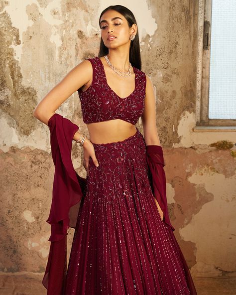 Plum Georgette Lehenga Set | Shloka Khialani Shloka Khialani, Linear Embroidery, Embellished Lehenga, Ruffle Dupatta, Purple Lehenga, Indian Wedding Gowns, Georgette Lehenga, Lehenga Wedding, Long Skirts