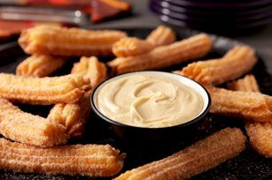 Churros with White Chocolate-Peanut Butter Dip Churro Sauce, Churro Dessert, Chocolate Churros, Deserts Recipes, Food Desert, Homemade Churros, Peanut Butter Dip, Melted White Chocolate, Chocolate Dipping Sauce