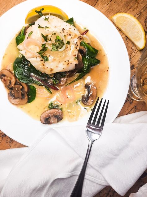 Roasted Cod with Spinach and Mushrooms - OUT WEST: Food & Lifestyle Cod Dinners, Cod With Spinach, Pescatarian Recipes Healthy, Shallot Sauce, Spinach And Mushrooms, Roasted Cod, Wilted Spinach, Cod Recipes, Dinner Prep