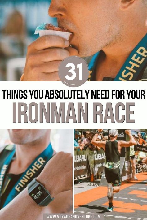 31 Things You Absolutely Need For Your Ironman Race. Check out this Ironman packing list to make sure you’ve packed everything you need for your Ironman or Half Ironman race. That way you can focus your attention exclusively on one thing: having your best possible performance on race day. What to pack for the swim | What to pack for the bike | What to Pack for the Run | Essentials for Race Day | Ironman Packing List | Ironman Race, Iron Man Race, Half Ironman, Race Medal, Bike Pump, Triathlon Training, Racing Gear, Bike Shoes, Swim Caps