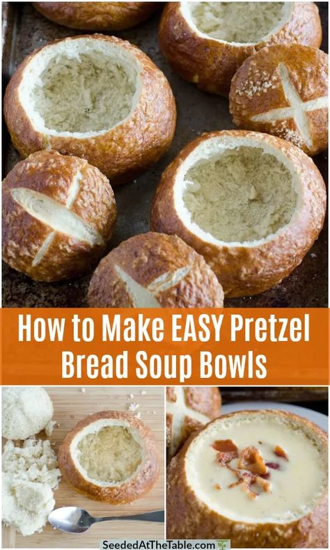 These homemade pretzel bread bowls are perfect for soups or dips. Try your hand at this easy bread bowl recipe now! Hawaiian Bread Bowl Recipe, Pretzel Bread Bowls, Bread Bowl For Soup, Chili Bread Bowl Recipe, Best Bread Bowl Recipe, Pretzel Bowl Recipe, Bread Soup Bowls, Pretzel Bread Bowl Recipe, Pretzel Bread Sandwich