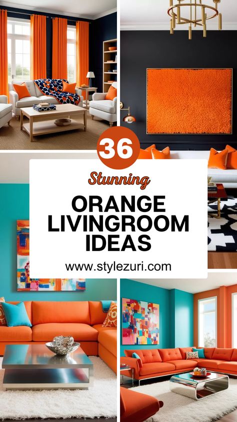 36 Bold Orange Living Room Ideas 🧡🍊 – Brighten up your space with these vibrant orange decor inspirations! Whether you love a pop of color or a full-on orange glow, these ideas bring warmth, style, and energy to any living room. Perfect for adding personality and charm! #OrangeLivingRoom #ColorfulHomeDecor #LivingRoomInspo #BoldInteriors #WarmHomeVibes Vibrant Orange Color Palette, Orange And Blue Living Room Decor, Orange Interior Design Inspiration, Orange Contrast Colors, Orange Couch Aesthetic, Living Room Orange Sofa, Purple And Orange Living Room, Orange Chairs Living Room, Orange Living Room Ideas