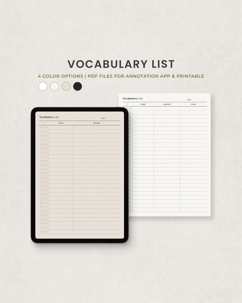 Vocabulary List, Language Study Note Digital Planner Template for Goodnotes on Ipad, Printable Le... livingwellplanner #prettyramadanplanner #plannerparaimprimir #goodnotesjournal⌨. Vocab Template, Vocabulary Notes Template, Vocabulary Notebook, Learning Template, Digital Planner Template, Study Planner Printable, Planner Writing, College Notes, Weekly Planner Template