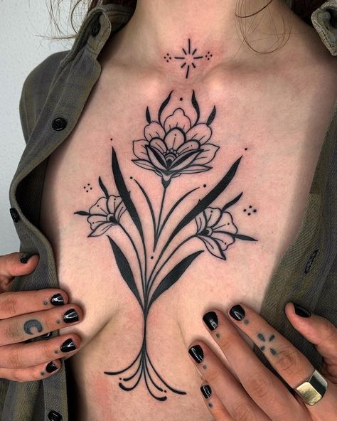 Floral Back Tattoos, Earthy Tattoos, Nouveau Tattoo, Chest Tattoos For Women, Sternum Tattoo, Tattoo Cover, Line Art Tattoos, Back Tattoo Women, Black Ink Tattoos