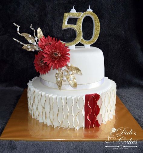 50th birthday - cake by Didis Cakes 50th Birthday Ideas For Women Red And Gold, Red And Gold Cake For Men, 50th Birthday Cake Red And Gold, Birthday Cake Red And Gold, Big Red Cake, Layered Birthday Cake, White Cakes, 50th Birthday Cake, Cake Flowers