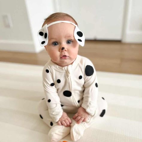 This quick and easy DIY Dalmatian costume is the perfect Halloween costume for babies and toddlers! No sewing required! Dalmatian Costume Toddler Boy, Homemade Dalmatian Costume, Diy Dalmatian Costume Baby, Baby Dalmation Costume, Paw Patrol Dog Costume, Baby Dalmatian Costume, Diy Dalmatian Costume, Baby Dog Costume, Women’s Dalmatian Costume