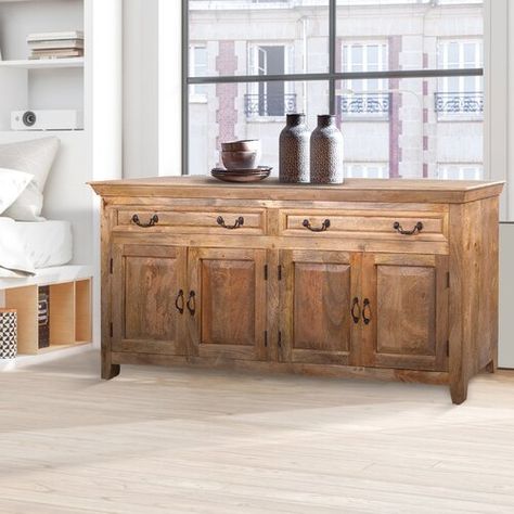 Kelly Clarkson Home Summit 72" Wide 3 Drawer Poplar Wood Buffet Table | Wayfair Rustic Sideboard Buffet, Natural Wood Sideboard, Modern Farmhouse Sideboard, Side Cupboard, Tuscany Decor, Large Cabinets, Sideboards And Buffets, Vermont House, Classy Dinner