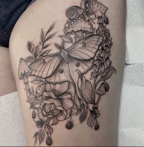 Luna Moth With Flowers Tattoo, Floral Bug Tattoo, Moth Floral Tattoo, Moth With Flowers Tattoo, Moth Thigh Tattoo, Moth And Flower Tattoo, Floral Moth Tattoo, Botanical Sleeve, Lunar Moth Tattoo